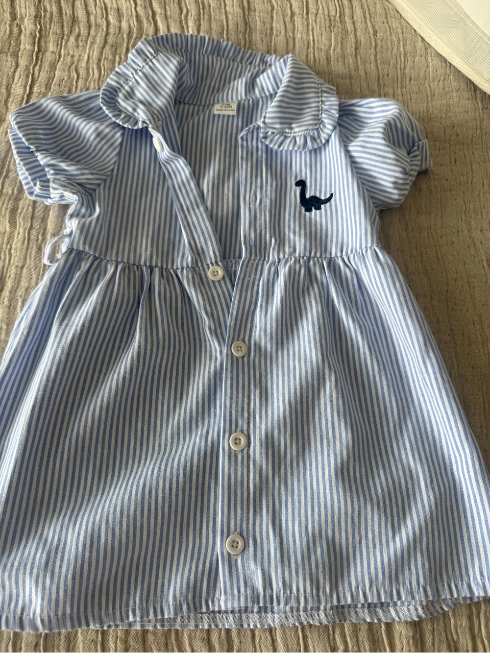 SHEIN Light Blue & White Striped Button-Front Dress with Navy Embroidered Dino